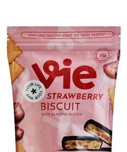 Vie 11g Protein Dark Chocolate Coated Snack Bites with Dried Strawberry  Biscuits & Almond Butter - vegetarian  artificial ingredients free  preservatives free